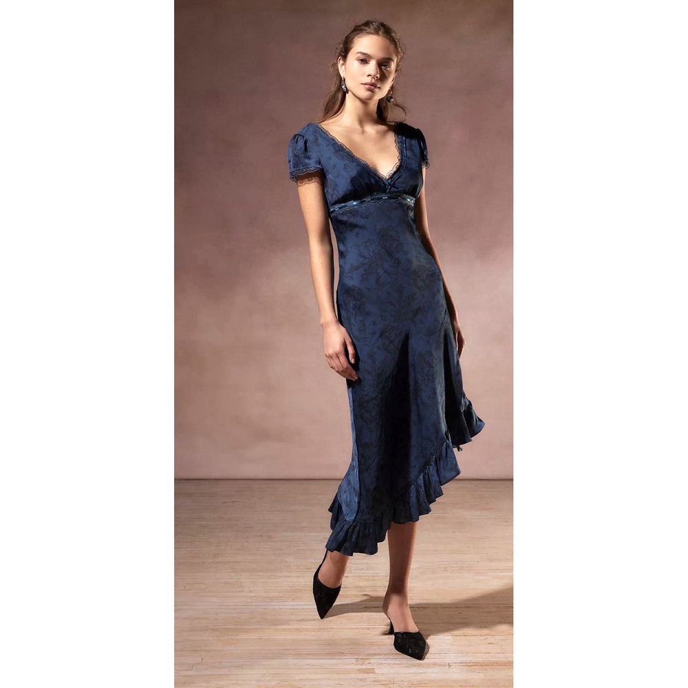 NEW! Kimchi Blue Cora Lace Trim Asymmetrical Babydoll Midi Dress Blue Y2K  XS